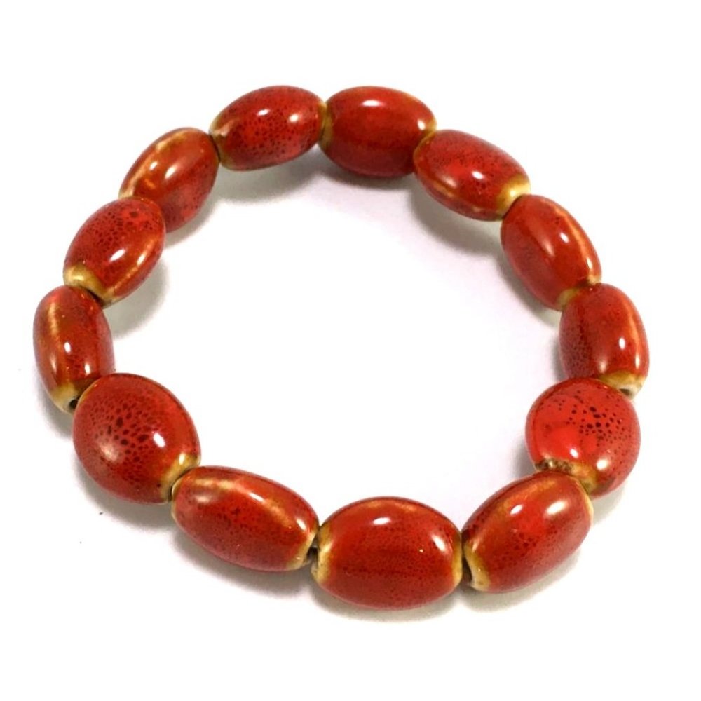 Handmade Porcelain Bead Stretch Bracelet with Red Glaze Boho